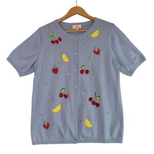 Quacker Factory Womens Blue Fruit Sequin Cardigan Sweater M Cherry Lemon